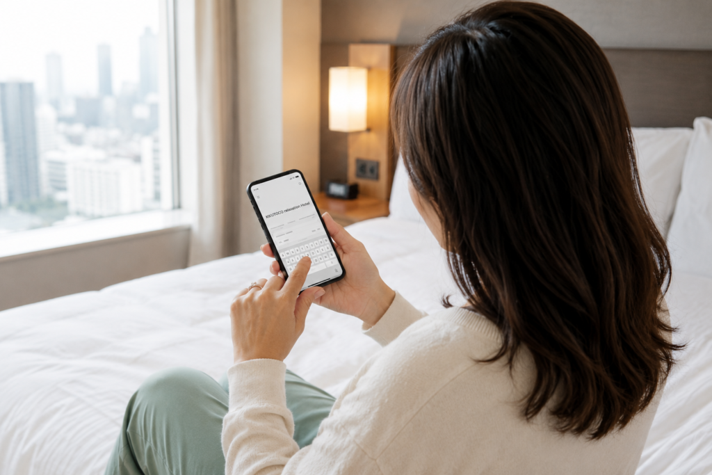出張マッサージKIKUTOCOへスマホから予約を入れる女性顧客